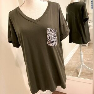 Olive Green V-Neck Top with Leopard Pocket